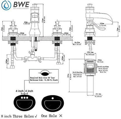 BWE 8 Inch Widespread Bathroom Faucet with Pop Up Drain with Overflow and Supply Line Waterfall 3 Holes Two-Handle Sink Faucets Lead-free Polished Chrome Lavatory Mixer Tap