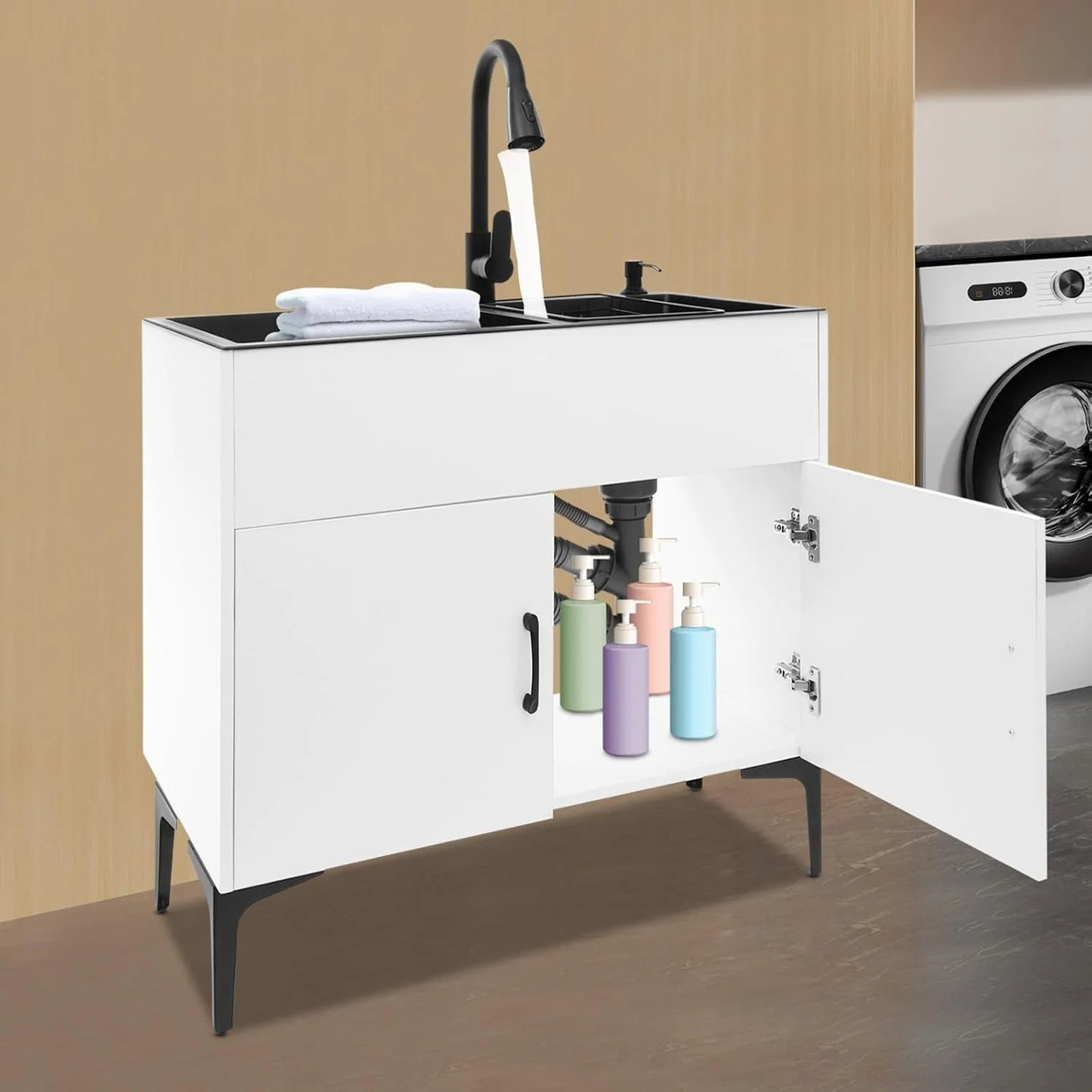 Laundry Sink Cabinet with Pull-Down Faucet Stainless Steel Utility Sink for Laundry Utility Room Bathroom Vanity Sink Cabinet with 2 Doors for Kitchen Outdoor (White)