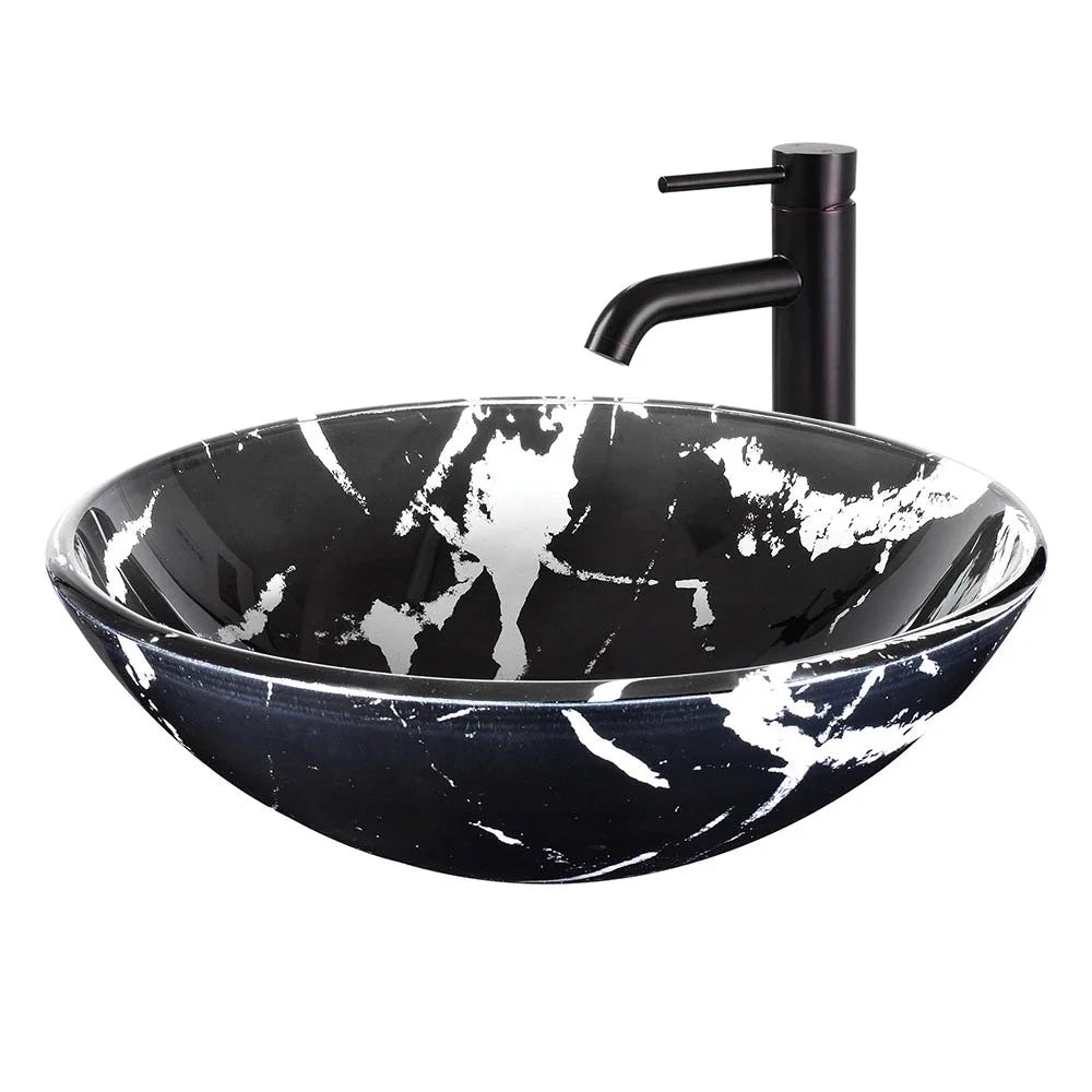 Aquaterior Tempered Glass Round Vessel Sink Artistic Marbling Pattern Above Counter Bathroom Lavatory Vanity Bowl Basin