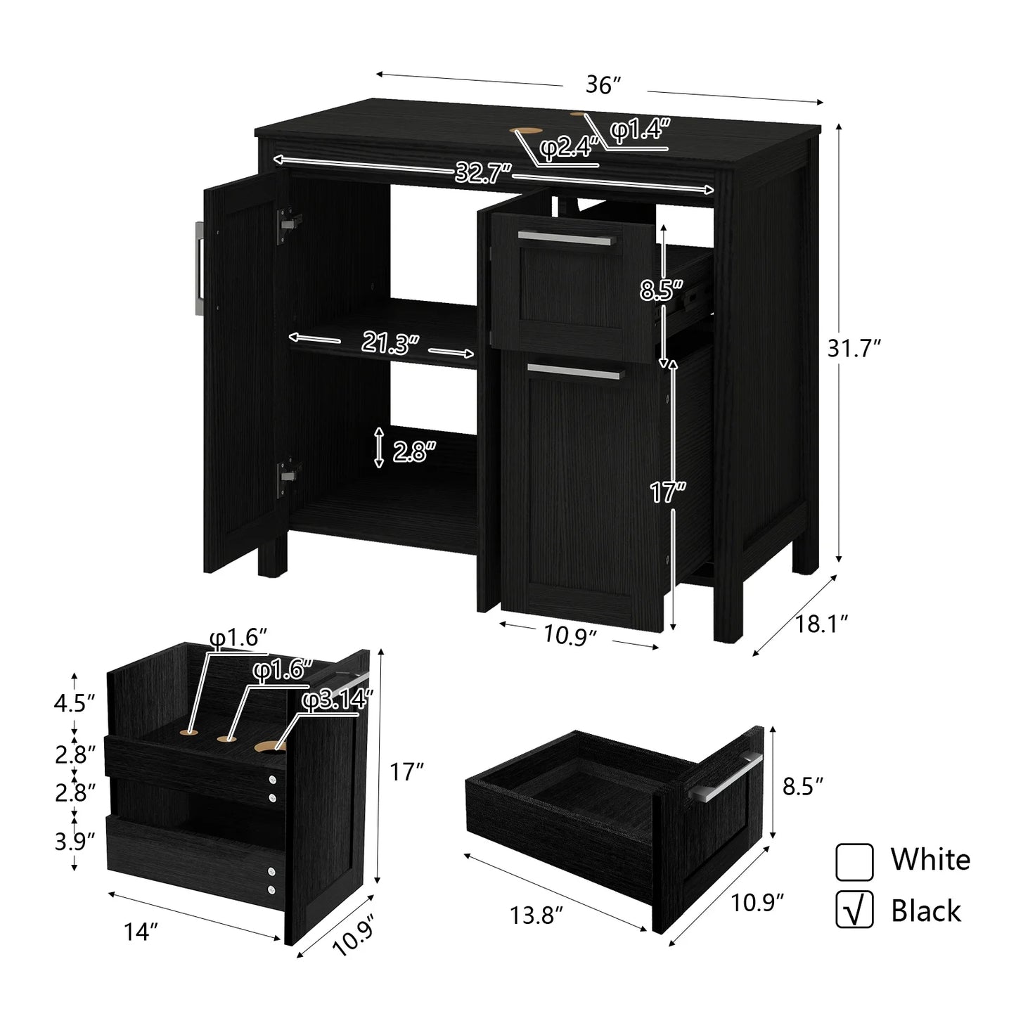 PULUOMIS 36 Inches Bathroom Vanity in Black Finish with Glass Boat-Shaped Vessel Sink, Single Bathroom Vanity with Top, 2-Door Cabinet and 2 Drawers