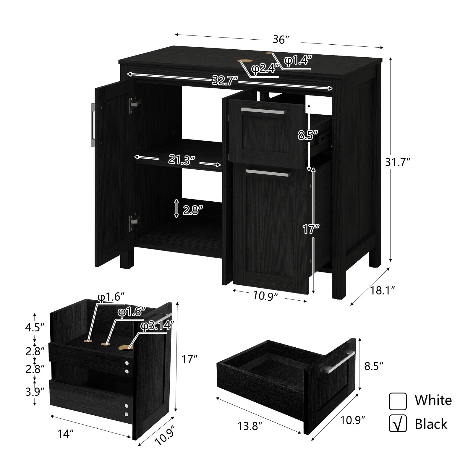 PULUOMIS 36 Inches Bathroom Vanity in Black Finish with Glass Boat-Shaped Vessel Sink, Single Bathroom Vanity with Top, 2-Door Cabinet and 2 Drawers