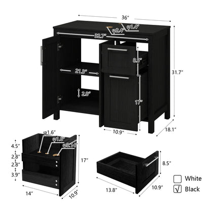 PULUOMIS 36 Inches Bathroom Vanity in Black Finish with Glass Boat-Shaped Vessel Sink, Single Bathroom Vanity with Top, 2-Door Cabinet and 2 Drawers