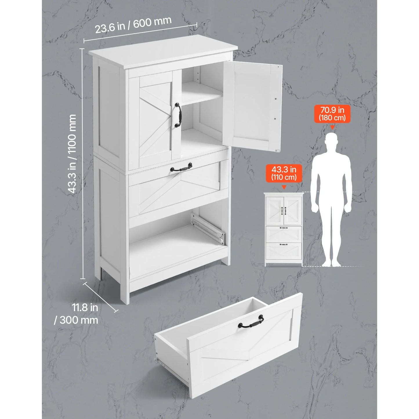 KFFKFF 4-Tier Bathroom Floor Cabinet, Wooden Storage Organizer with 2 Doors, 2 Drawers, and Adjustable Shelf, Freestanding Cupboard for Kitchen, Living Room, or Entryway, White