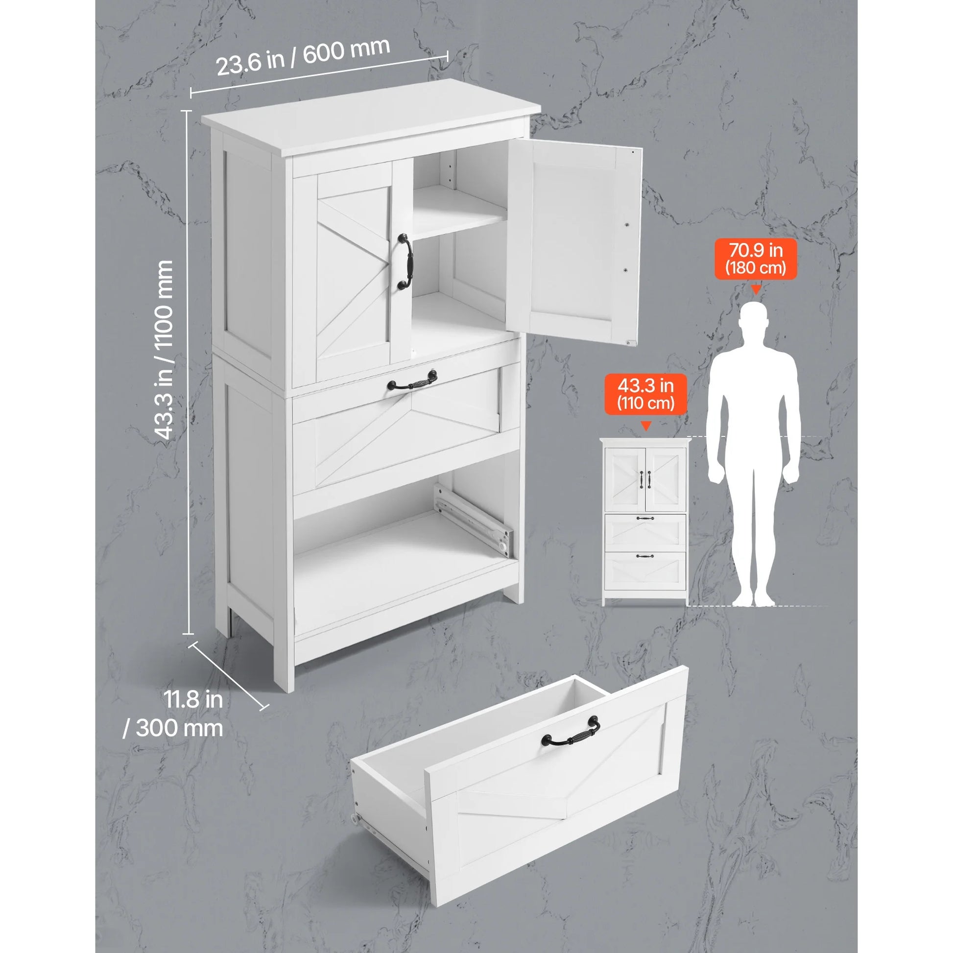 KFFKFF 4-Tier Bathroom Floor Cabinet, Wooden Storage Organizer with 2 Doors, 2 Drawers, and Adjustable Shelf, Freestanding Cupboard for Kitchen, Living Room, or Entryway, White