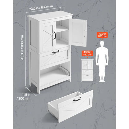 KFFKFF 4-Tier Bathroom Floor Cabinet, Wooden Storage Organizer with 2 Doors, 2 Drawers, and Adjustable Shelf, Freestanding Cupboard for Kitchen, Living Room, or Entryway, White