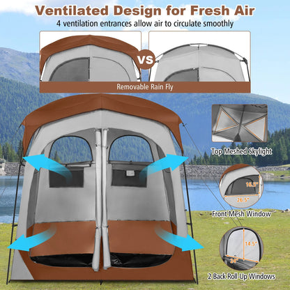 GFNXYI Brown 2-Person Shower Tent, Dual-Room Outdoor Privacy Tent with Stakes & Ropes, Portable Camping Bathing Changing Tent, Water-Resistant Sunshade Camp Shelter