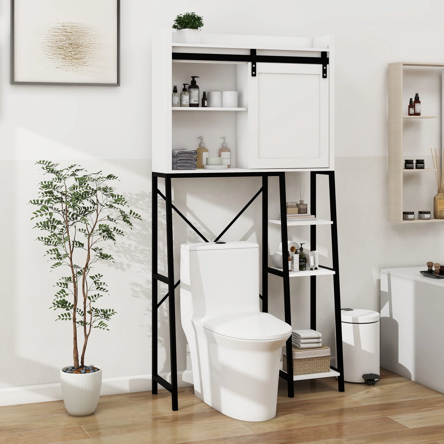 Royard Oaktree Farmhouse Over The Toilet Storage Cabinet, Bathroom Shelves Storage Organizer&nbsp;with Sliding Barn Door, Adjustable Shelves, and Storage Racks, White