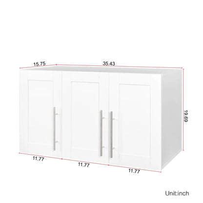 Wall Mounted Storage Cabinet, Kitchen Bathroom Wall Cabinet with Adjustable Shelves, Upper Stackable Storage Cabinet with 3 Doors, 15.75 "D x 35.43" W x 19.69 "H, White