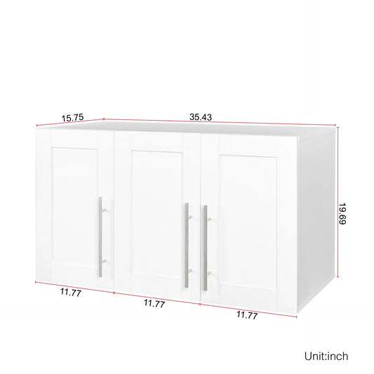 Wall Mounted Storage Cabinet, Kitchen Bathroom Wall Cabinet with Adjustable Shelves, Upper Stackable Storage Cabinet with 3 Doors, 15.75 "D x 35.43" W x 19.69 "H, White