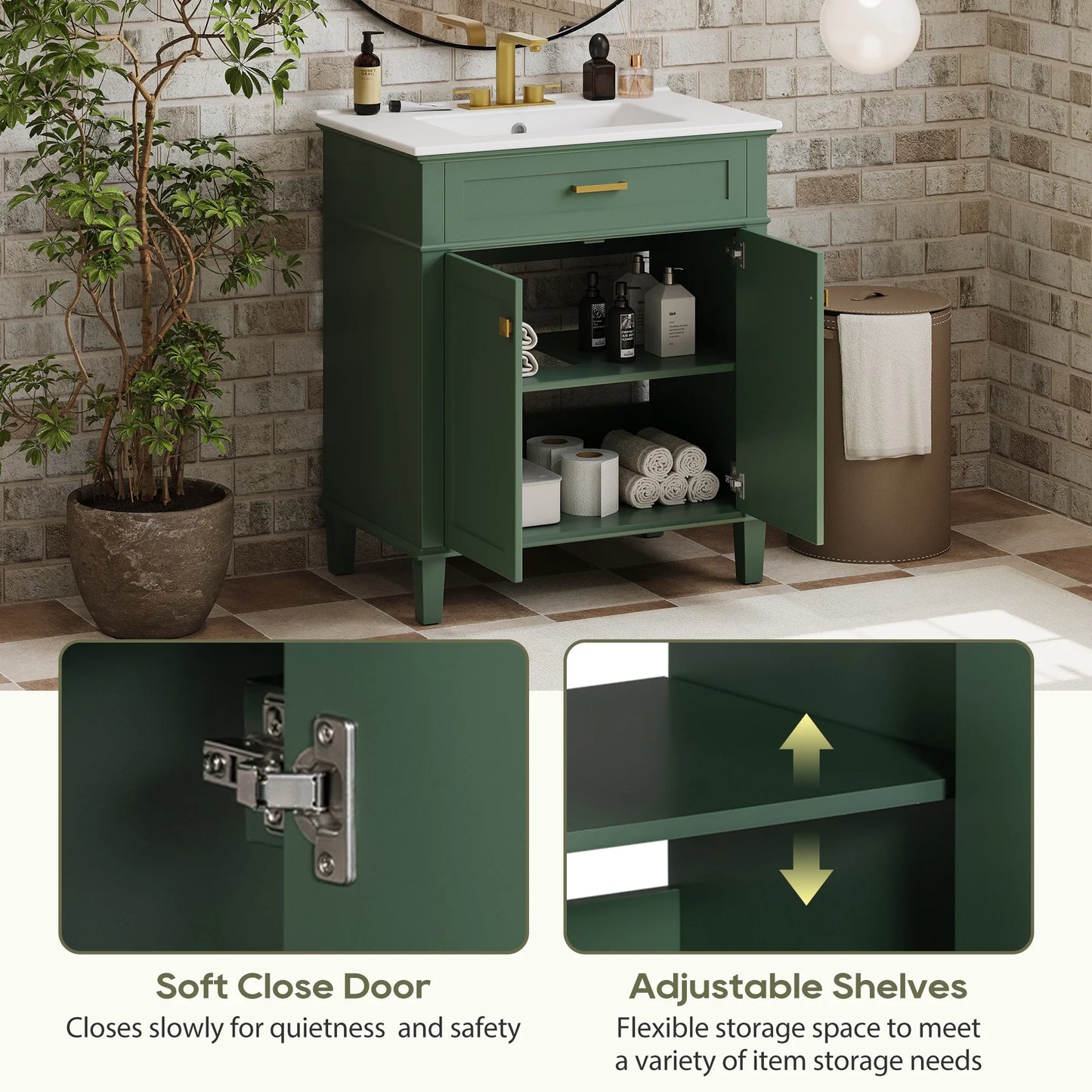 Harper & Bright Designs 30" Bathroom Vanity Combo with Ceramic Sink, Bathroom Vanity Cabinet with Soft Close Doors and Adjustable Shelves, Green