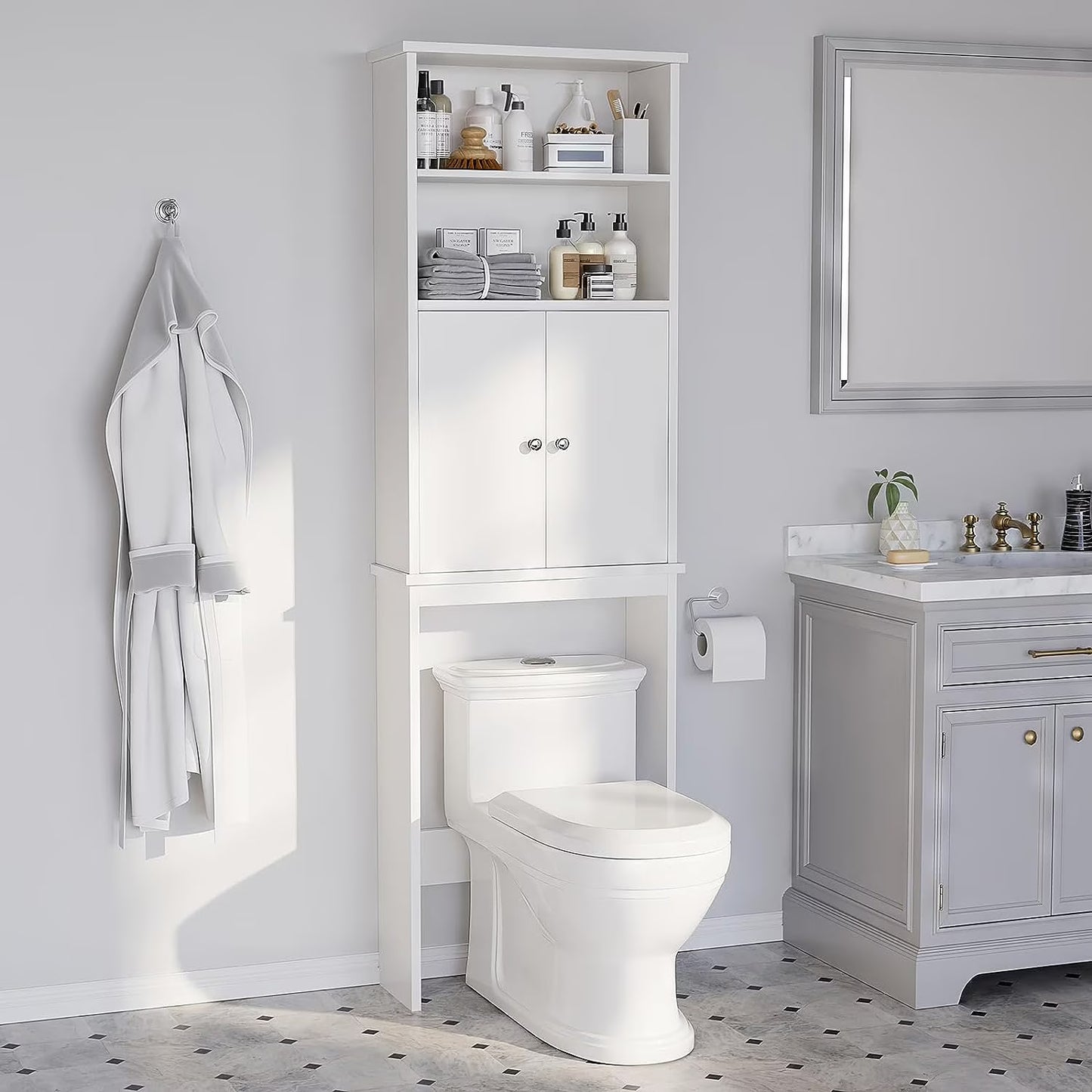 Sobaniilo Over The Toilet Storage Cabinet for Bathroom, Storage Organizer Over Toilet, Space Saver W/Adjustable Shelf & Open Storage Shelf, 75in, White