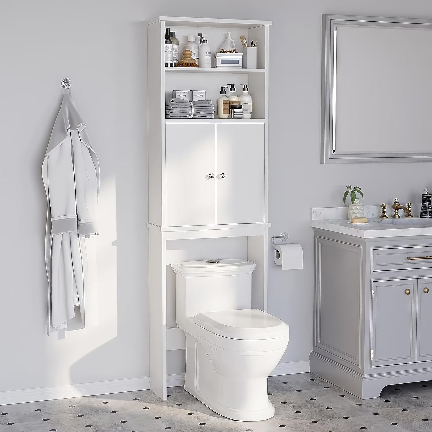 Sobaniilo Over The Toilet Storage Cabinet for Bathroom, Storage Organizer Over Toilet, Space Saver W/Adjustable Shelf & Open Storage Shelf, 75in, White