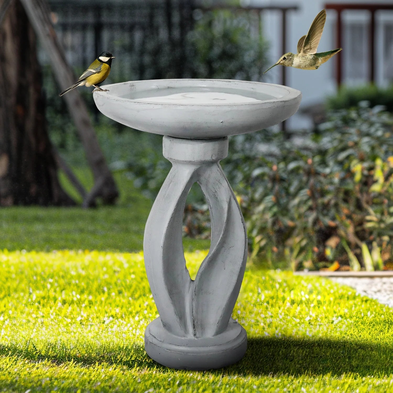 21.8 Inch Height Outdoor Bird Bath - Fibre Reinforced Concrete Large Bird Bath Stylish with Curved Pedestal for Garden, Patio, Backyard, Lawn