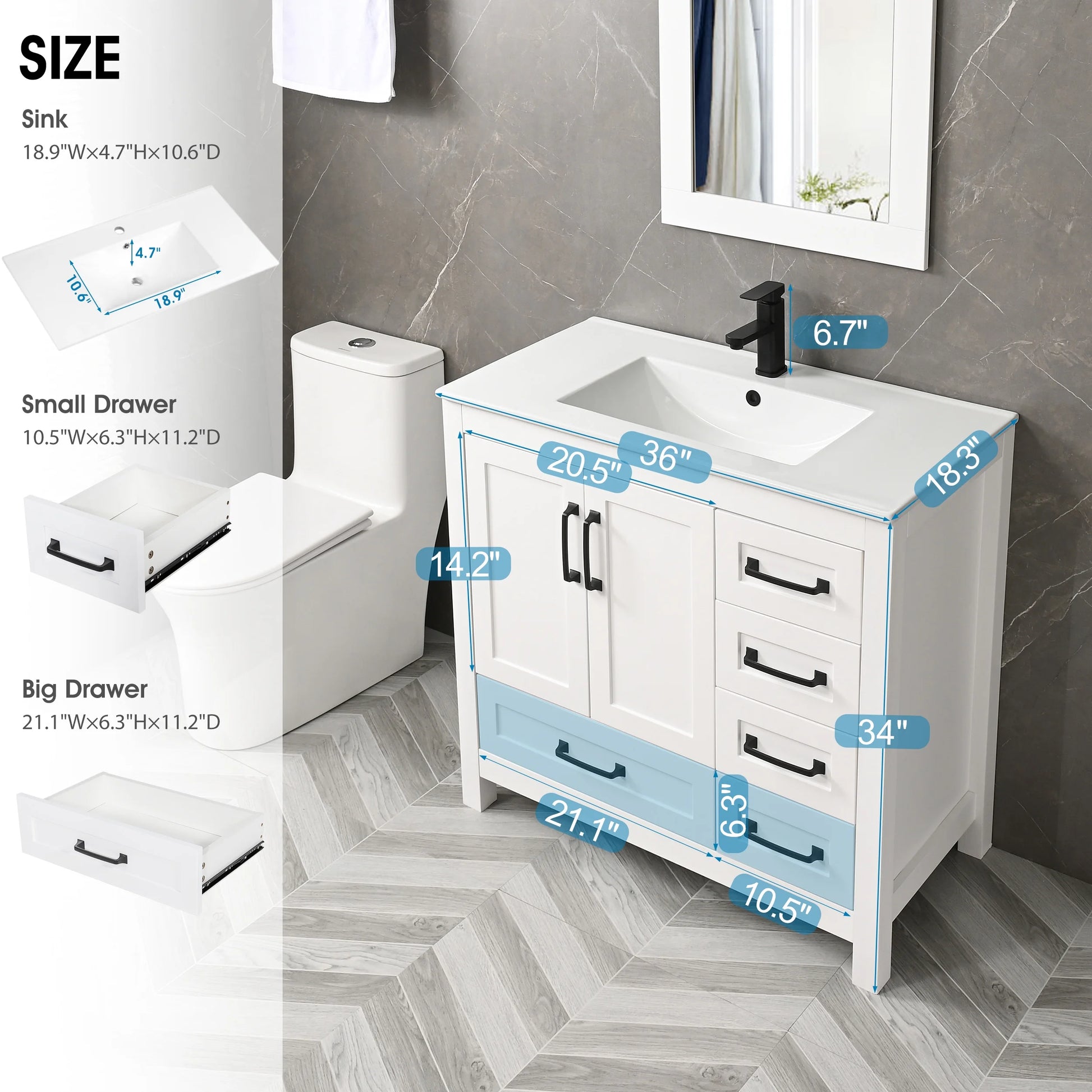 Eclife 36" White Bathroom Vanity Set with Ceramic Sink Top and Water Saving Faucet Drain