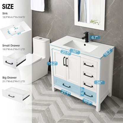 Eclife 36" White Bathroom Vanity Set with Ceramic Sink Top and Water Saving Faucet Drain