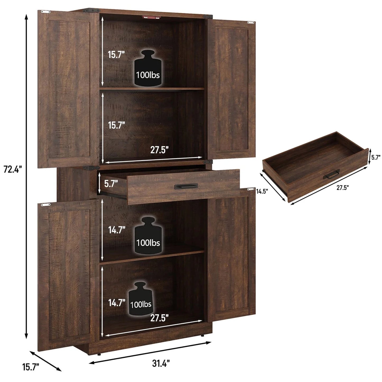 72.4'' Tall Bathroom Storage Cabinet with Drawer & 4 Storage Shelves, Rustic Farmhouse Linen Cabinet with Load-Bearing Steel Pipe & 4 Doors for Bedroom Living Room Kitchen Art/Craft Room