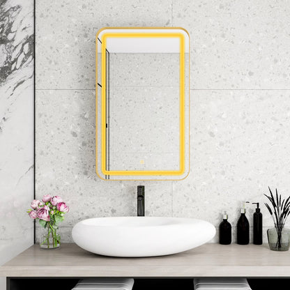 21x34 Inch Gold Medicine Cabinet with LED Mirror, Wall Mounted Bathroom Storage with Adjustable Glass Shelves, Recessed or Surface Mount Design