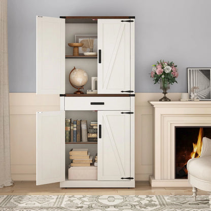 72" Tall Farmhouse Kitchen Pantry Cabinet w/1 Drawer & 4 Roomy Storage Shelves, Versatile Wood Storage Cabinet with 4 Barn Door & Adjustable Shelves & for Dining Room Bathroom Utility Room