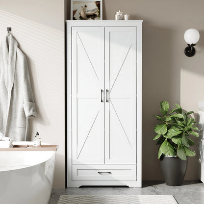 YouTrend 69" Tall Kitchen Pantry,Farmhouse Storage Cabinet with 2 Barn Doors 4 Adjustable Shelves and Large Drawer for Dining Room,Living Room,Bathroom,White