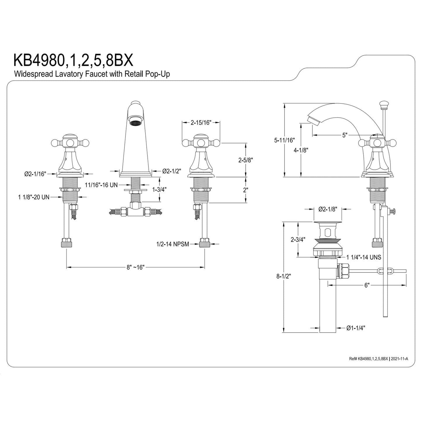 Kingston Brass KB4988BX Metropolitan Widespread Bathroom Faucet with Pop-Up Drain, Brushed Nickel