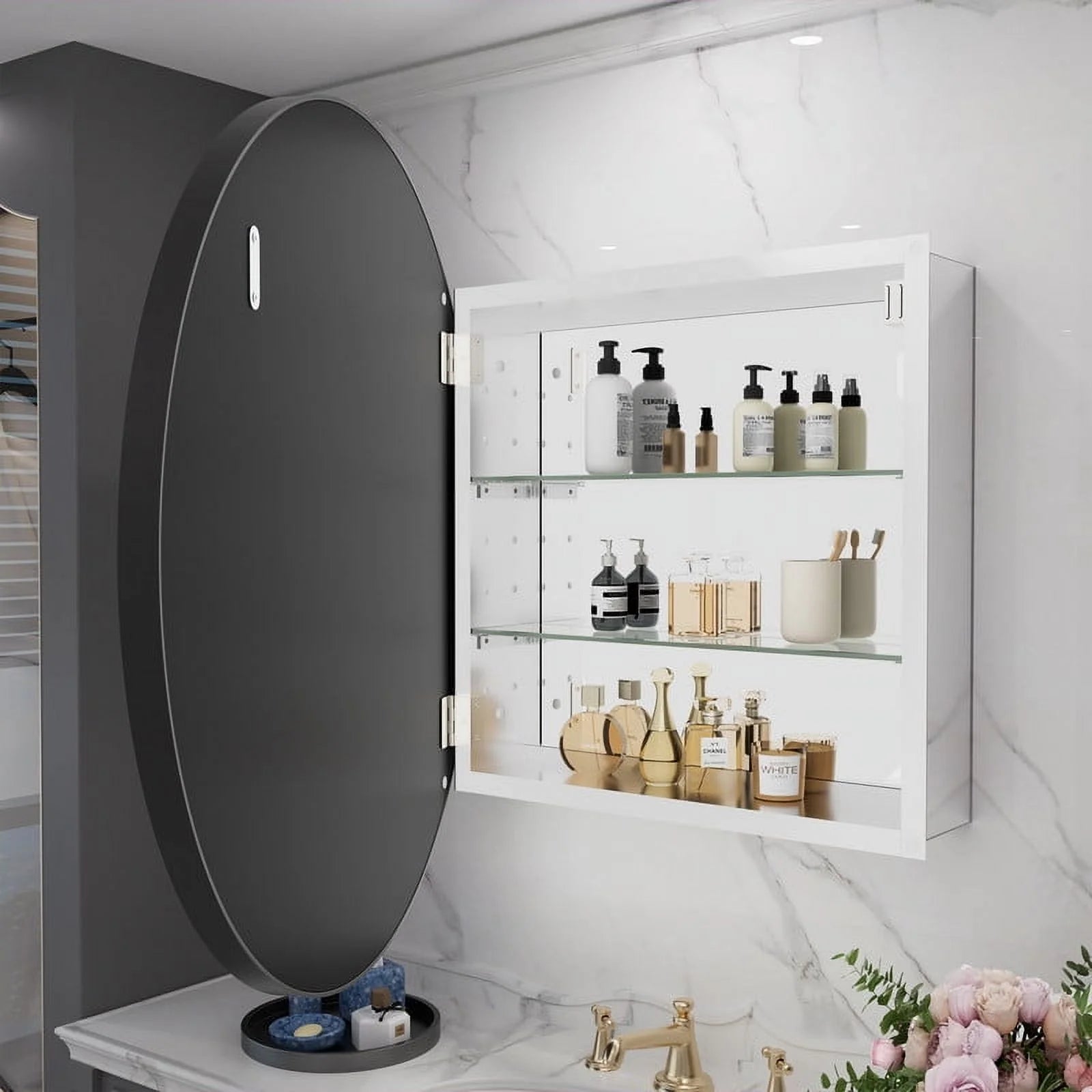 WallBeyond Bathroom Medicine Cabinet with Round Mirror Aluminum Framed 28", Black