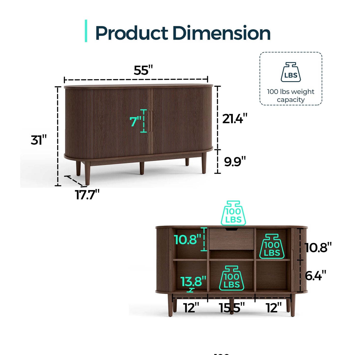 LINSY HOME Fluted Pantry Storage Cabinet, Kitchen Cabinets with Sliding Tambour Door, Wide Storage Cabinet with Removable & Adjustable Shelves for Dining Room, Living Room, Bathroom, Oak