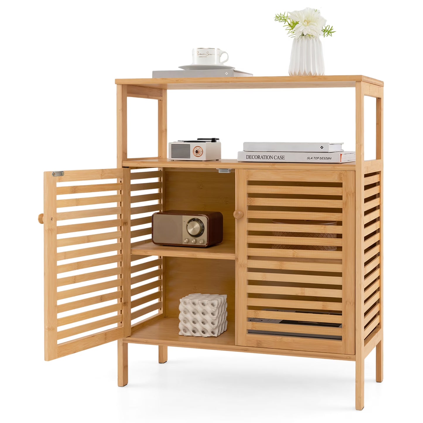 Gymax Bathroom Floor Cabinet Freestanding Bamboo Storage Organizer w/ Double Shutter Doors