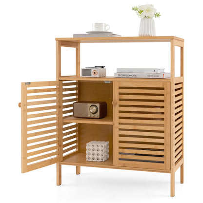 Gymax Bathroom Floor Cabinet Freestanding Bamboo Storage Organizer w/ Double Shutter Doors