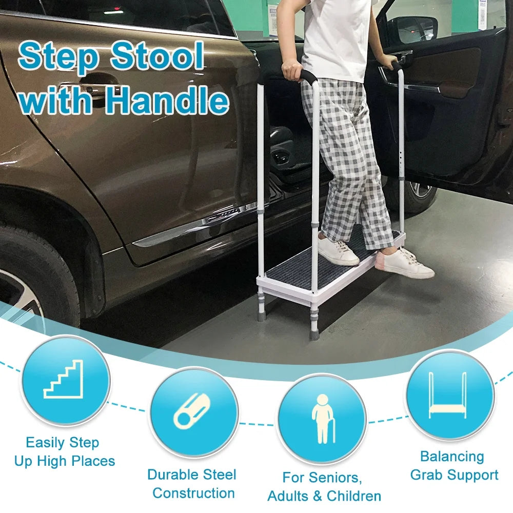 Step Stool with Handle for Elderly Medical Step Stools Seniors Handicap High Beds Mobility Platform Steel Foot Steps With Handrails Ramp Assist for Car, Bedside, Shower, Bathtub