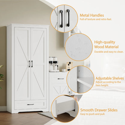 YouTrend 69" Tall Kitchen Pantry,Farmhouse Storage Cabinet with 2 Barn Doors 4 Adjustable Shelves and Large Drawer for Dining Room,Living Room,Bathroom,White