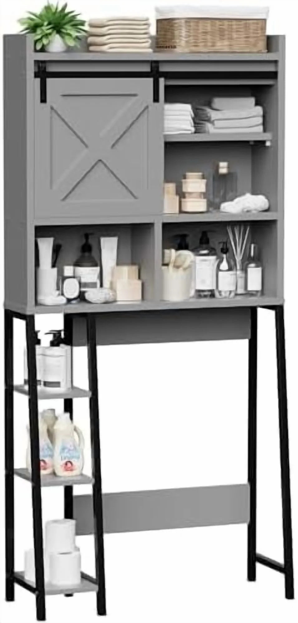 Over The Toilet Storage Cabinet, Farmhouse Storage Cabinet Over Toilet with Sliding Barn Doors, Freestanding Bathroom Organizer Shelf Space Saving, Grey
