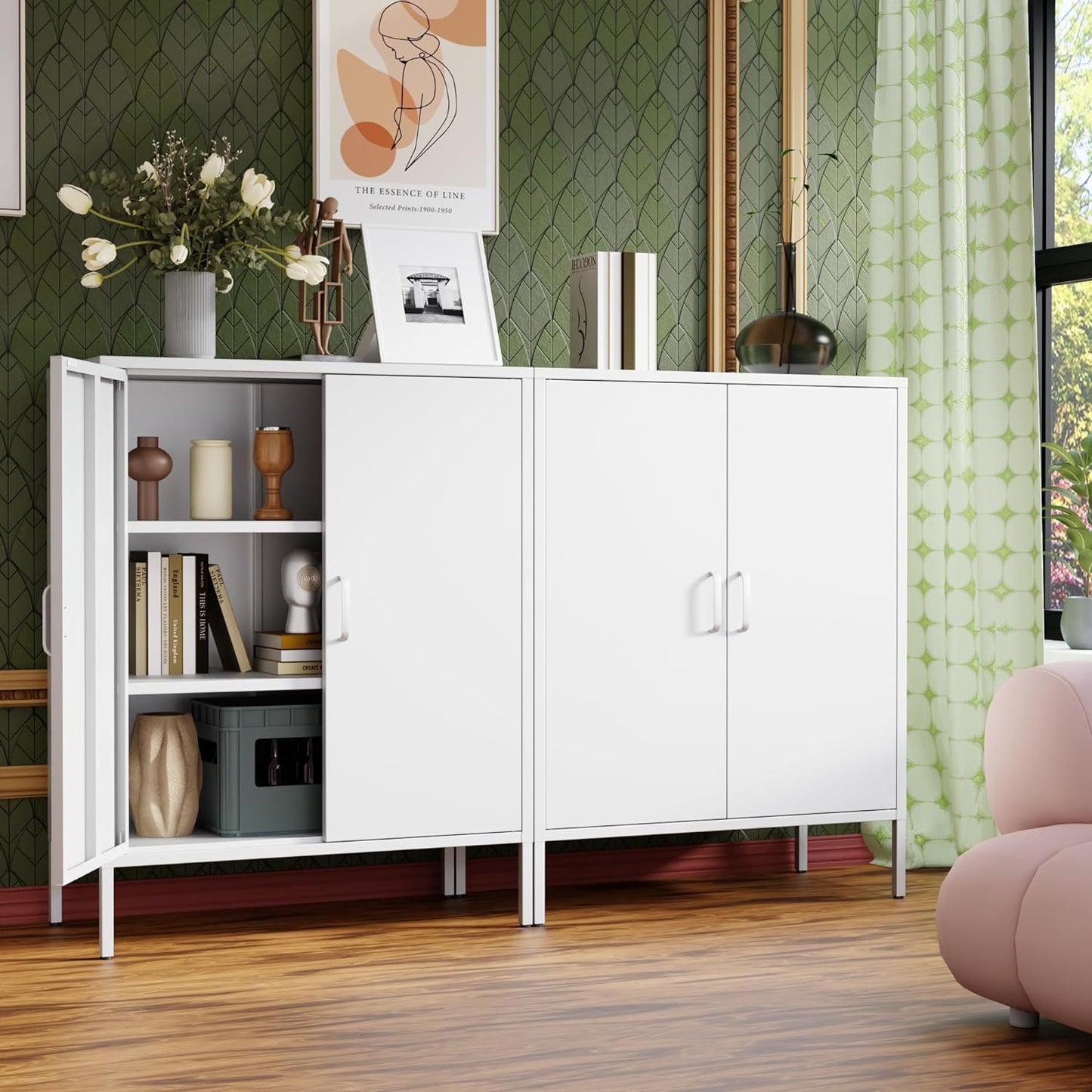White Metal Cabinet with Doors and Shelves,Metal Locker Storage Cabinet with Leg,3-Tier Office Cabinet,Metal Shelf Cabinet for Home Office,Bathroom,Coffee Bar,Balcony