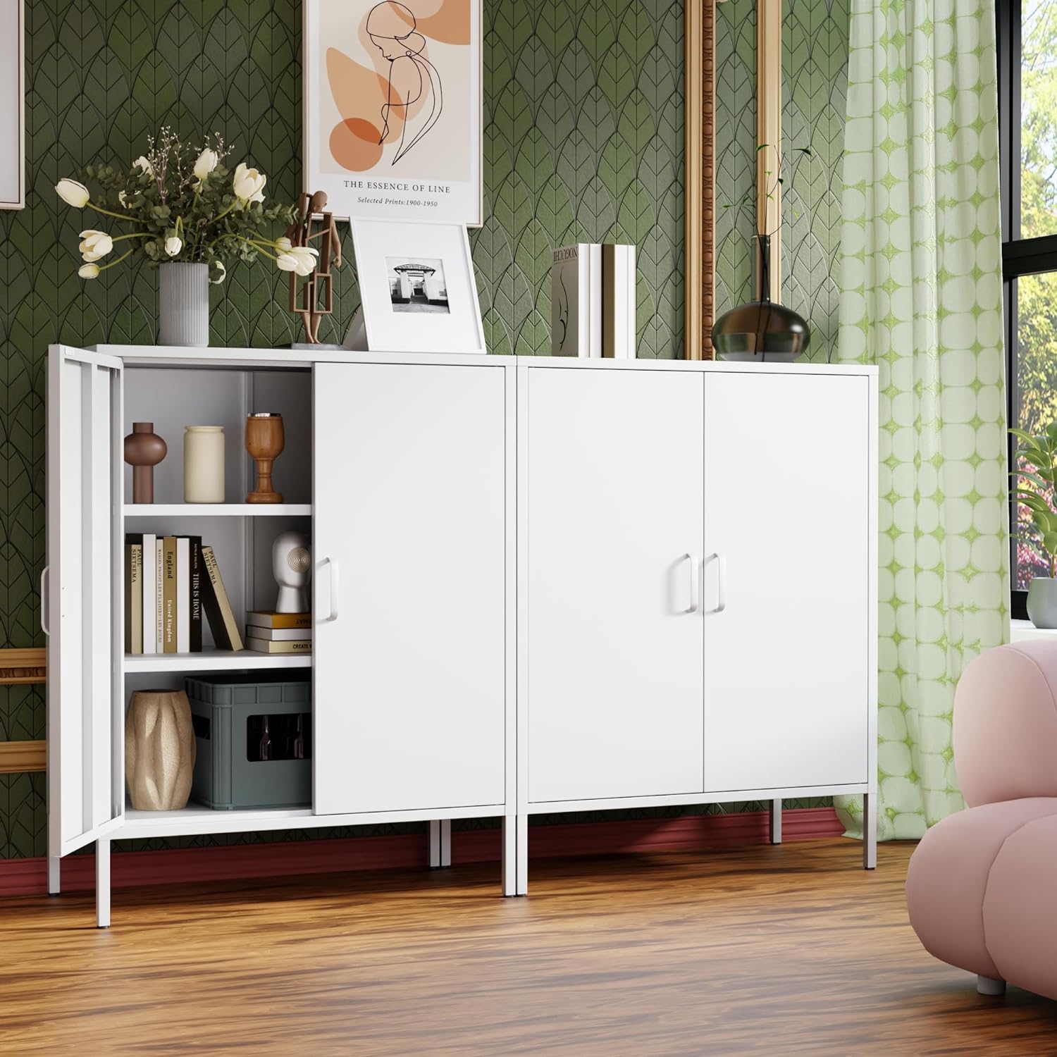White Metal Cabinet with Doors and Shelves,Metal Locker Storage Cabinet with Leg,3-Tier Office Cabinet,Metal Shelf Cabinet for Home Office,Bathroom,Coffee Bar,Balcony