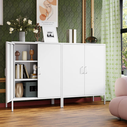 White Metal Cabinet with Doors and Shelves,Metal Locker Storage Cabinet with Leg,3-Tier Office Cabinet,Metal Shelf Cabinet for Home Office,Bathroom,Coffee Bar,Balcony