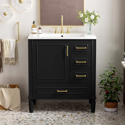 ENSHUI Traditional 30-Inch Bathroom Vanity Set, Floor Standing, with Three Drawers, Soft Close Doors, Long Gold Metal Handles