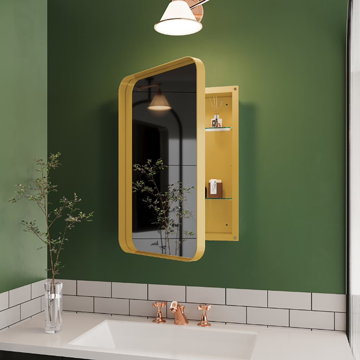 16x24 Inch Bathroom Mirror Cabinet with Adjustable Glass Shelves, Recessed Metal Framed Medicine Cabinet for Storage, Matte Gold