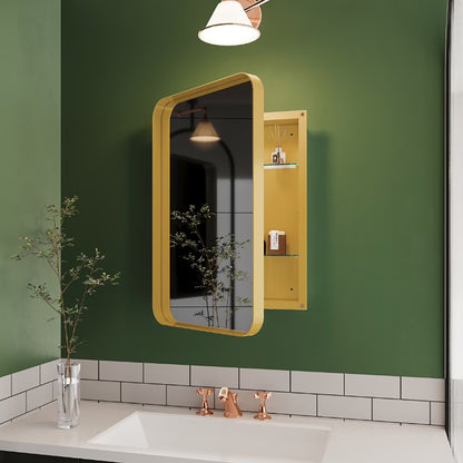 16x24 Inch Bathroom Mirror Cabinet with Adjustable Glass Shelves, Recessed Metal Framed Medicine Cabinet for Storage, Matte Gold