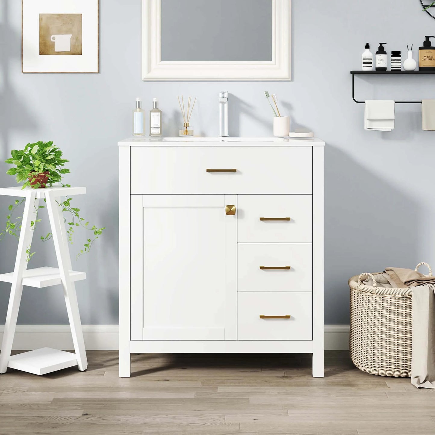 Costway 30" Bathroom Vanity with Sink 2 Drawers 1 Door 1 Flip-out Drawer Solid Wood Legs