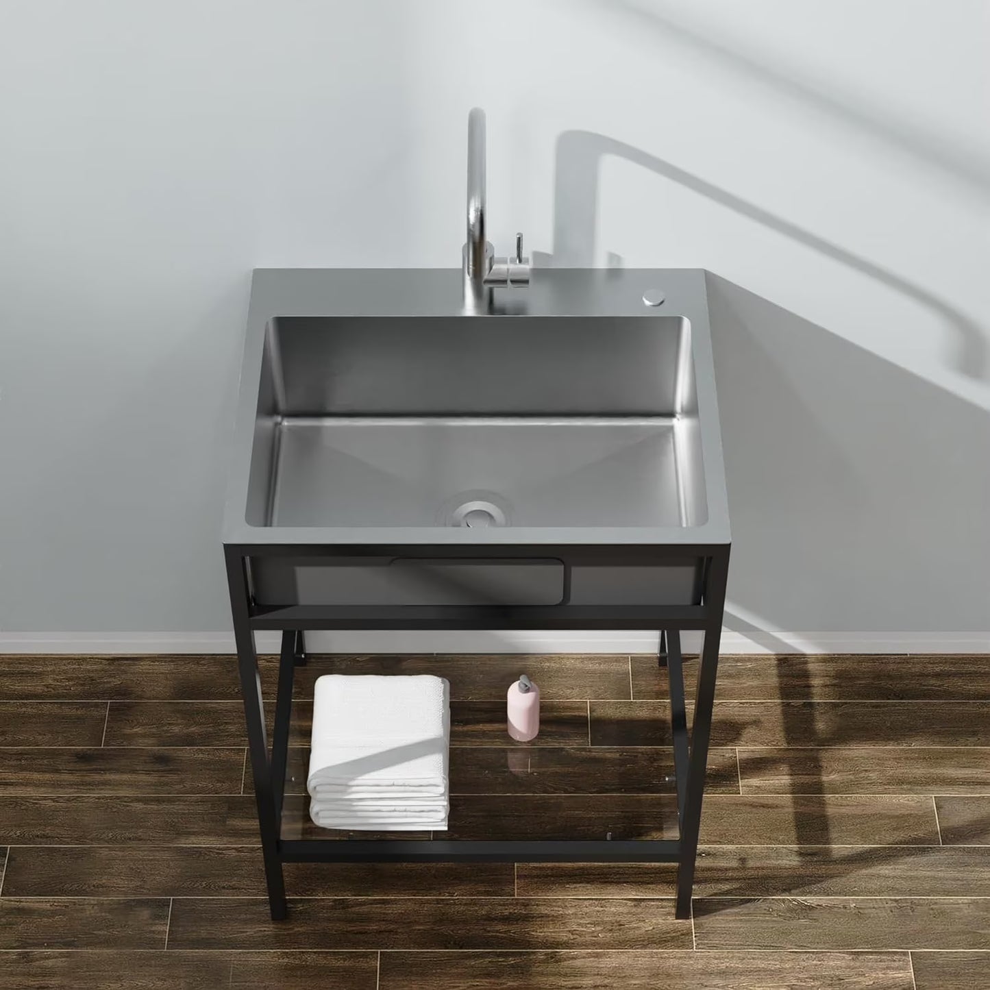Goodyo 24" Freestanding Utility Sink Stainless Steel Laundry Sink with Bracket and Drain Kit for Laundry Room, Bathroom, Garage, Basement, Outdoor and Indoor, Silver