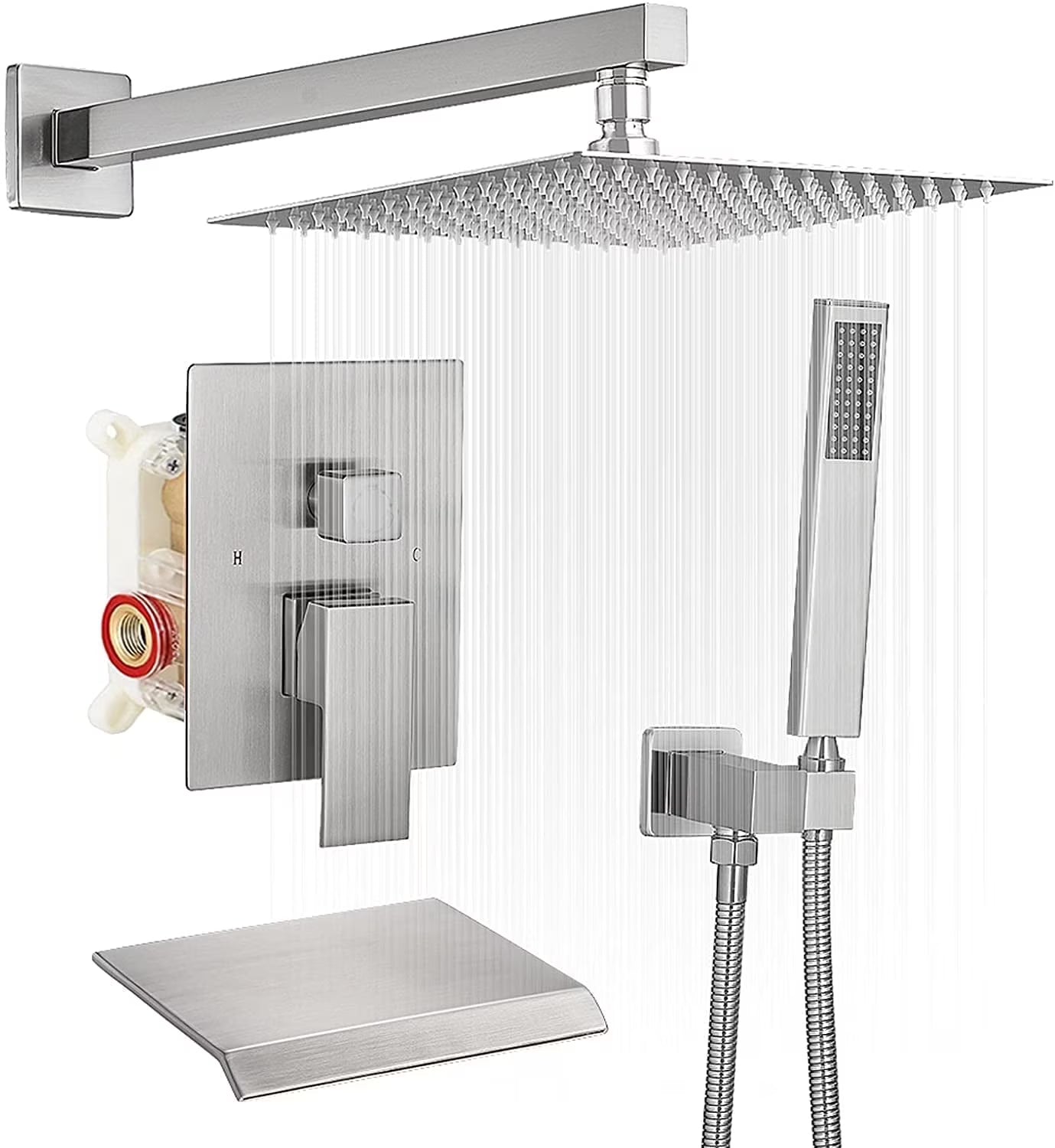 BWE Dual Shower Head Combo,12-inch High Pressure Rain Shower & Handheld Spray, with 59" Hose, 3-Way Diverter & Bathtub Spout Valve, Polished Chrome