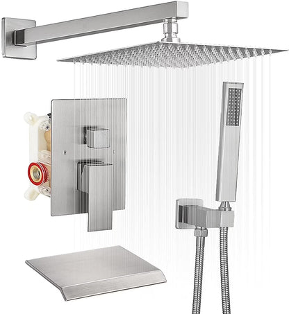 BWE Dual Shower Head Combo,12-inch High Pressure Rain Shower & Handheld Spray, with 59" Hose, 3-Way Diverter & Bathtub Spout Valve, Polished Chrome