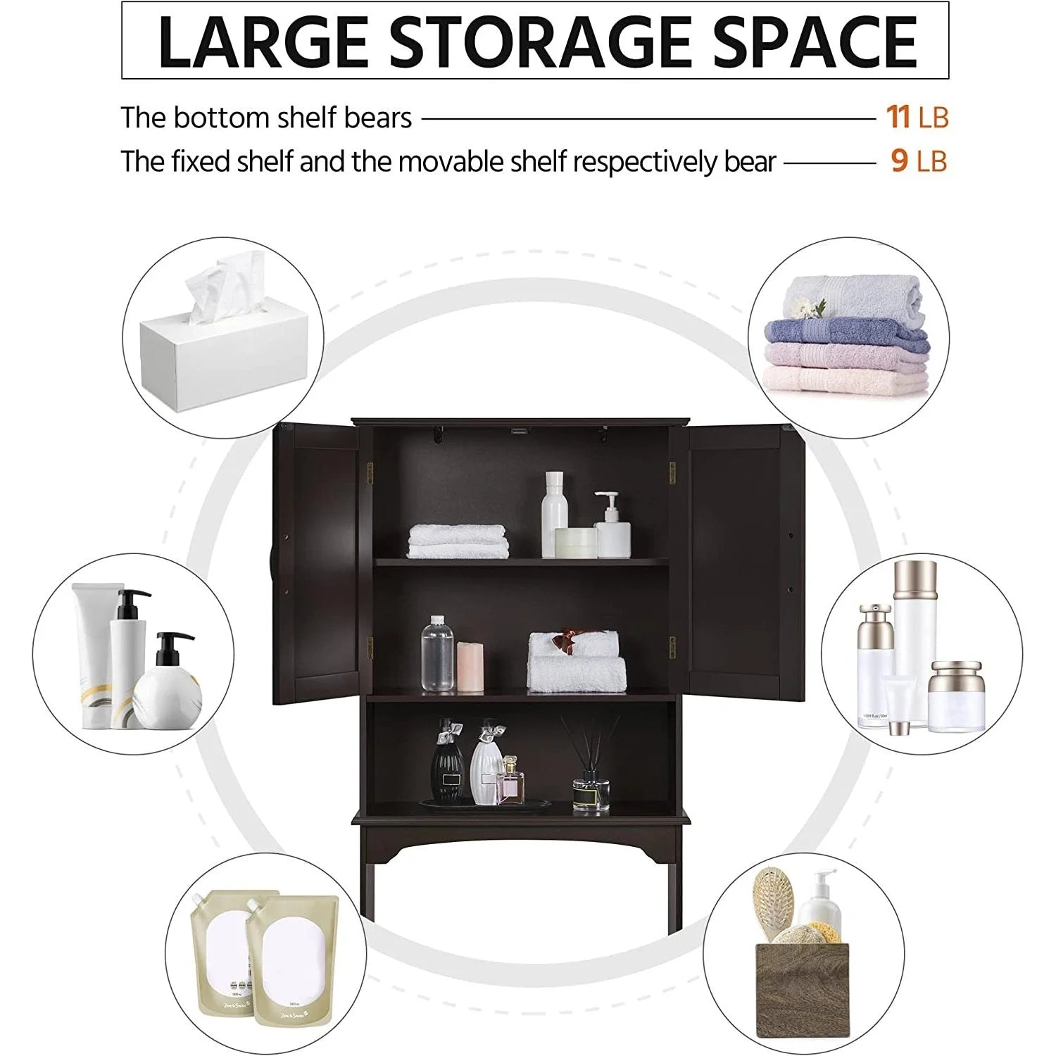 Bilot Over The Toilet Storage Cabinet Bathroom Organizer with Adjustable Shelf & Double Doors for Toilet, Home Space-Saving Furniture, L24.5xW9xH66 Inches, Espresso