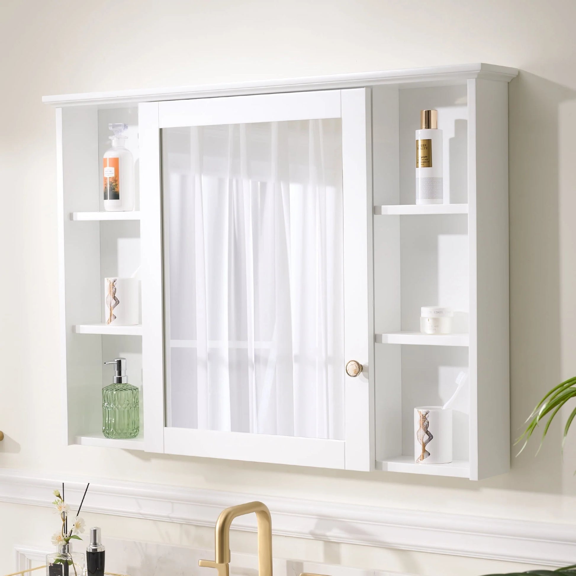 Forclover 42"x 30" Wall Mounted Mirrored Medicine Cabinet for Bathroom, 6 Tier Wood Mirror Cabinet Storage with 1 Soft-close Door, Bathroom Accessory, White
