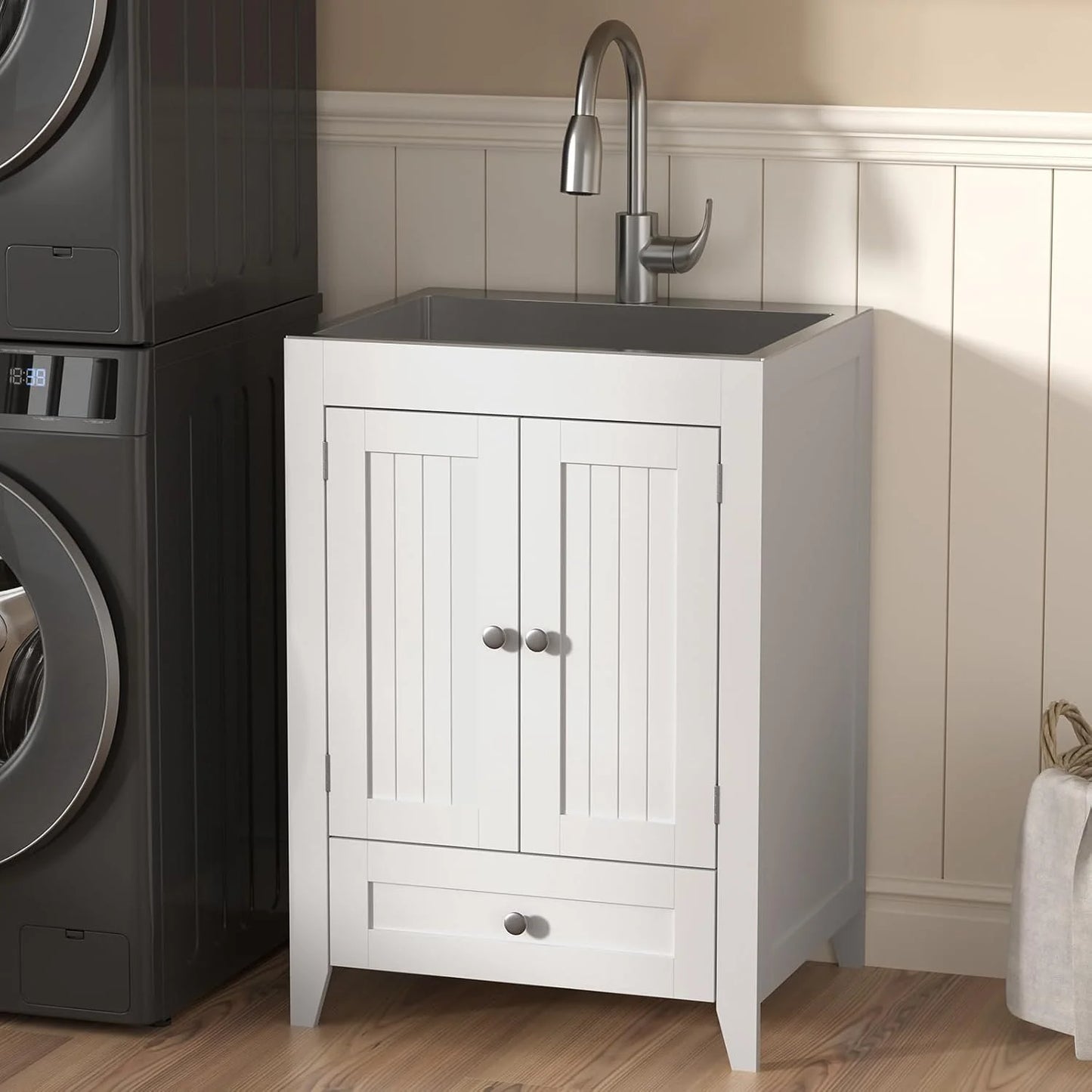 Ktaxon 24-Inch Laundry Sink with Cabinet and Pull-Out Sprayer Faucet, Stainless Steel Utility Sink with Cabinet, Grey Cabinet with Sink for Laundry & Utility Room, Kitchen, Bathroom, Basement