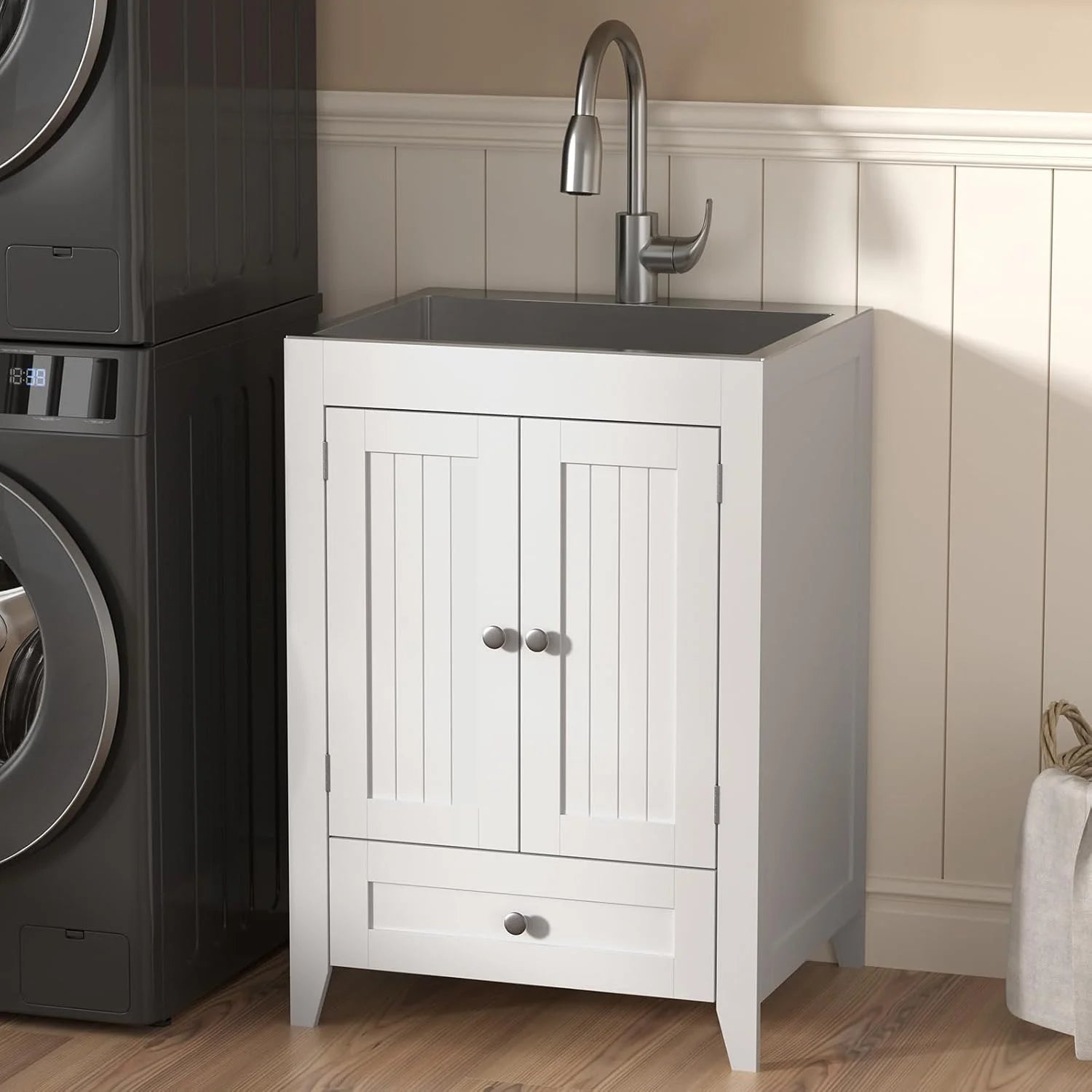 Ktaxon 24-Inch Laundry Sink with Cabinet and Pull-Out Sprayer Faucet, Stainless Steel Utility Sink with Cabinet, Grey Cabinet with Sink for Laundry & Utility Room, Kitchen, Bathroom, Basement