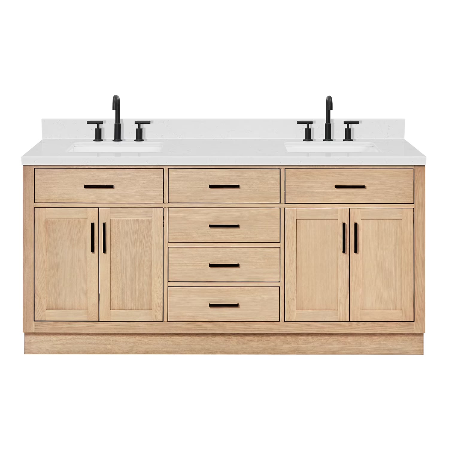ARIEL Hepburn 72 Inch Double Rectangle Sink Bathroom Vanity With Carrara White Quartz Countertop 1.5 Inch Edge In Oak