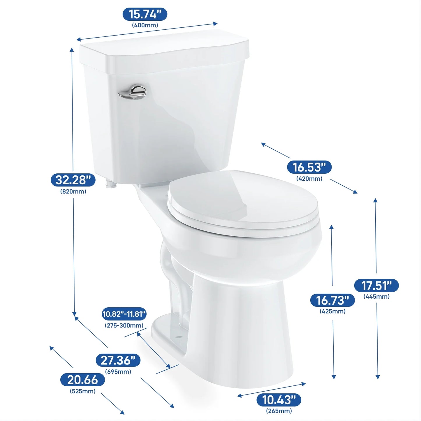 Two Piece Toilet, Elongated ADA 17" Height, Side Press Flush Split Toilet with Under-Locking Lid, Toilets for Bathrooms Comfort, Powerful Flushing American Standard Toilet, White