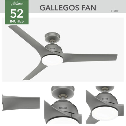 Hunter - Gallegos Indoor/Outdoor Ceiling Fan With Light, Wall Control, 52-inch, Matte Silver, Modern-style, 3-speed WhisperWind Motor, 51586, for Porches, Bathrooms