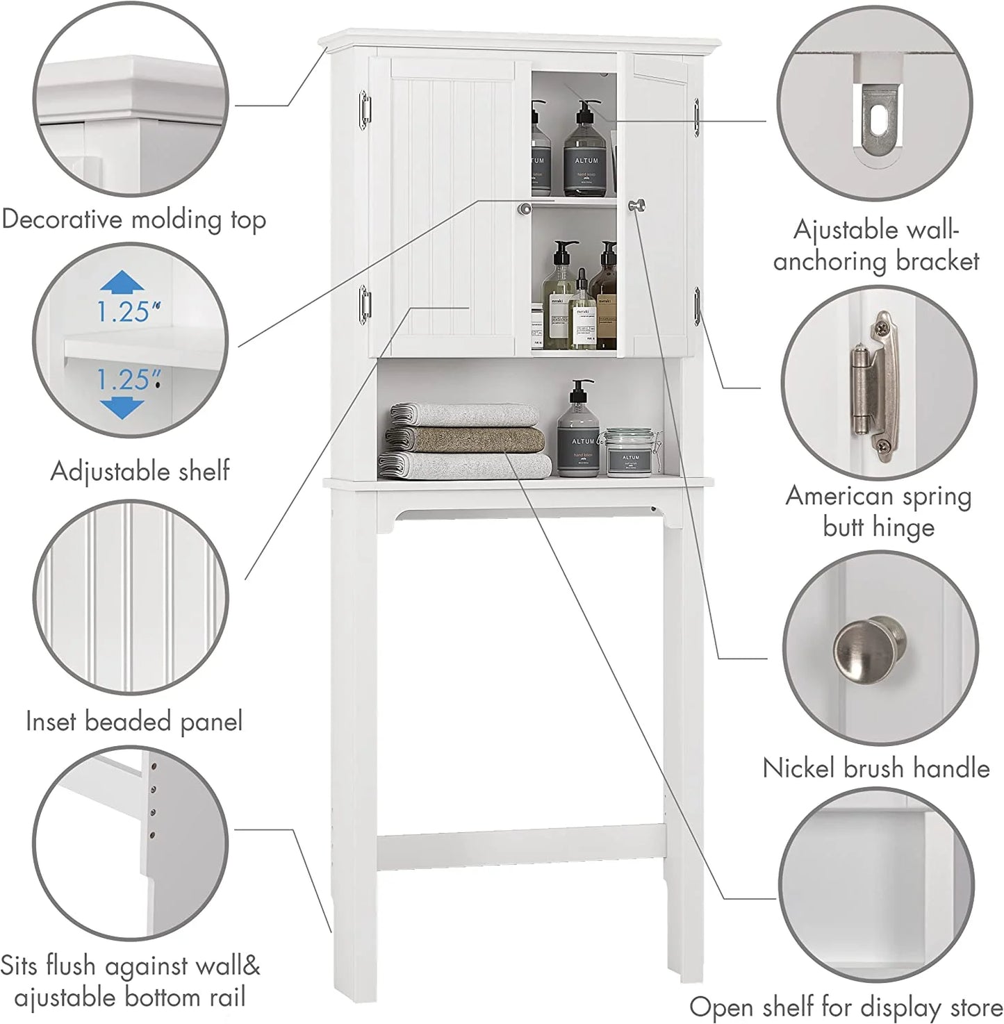 UTEX Bathroom Storage Over The Toilet, Bathroom Cabinet Organizer with Adjustable Shelves and Double Doors, Wood Bathroom Space Saver, White