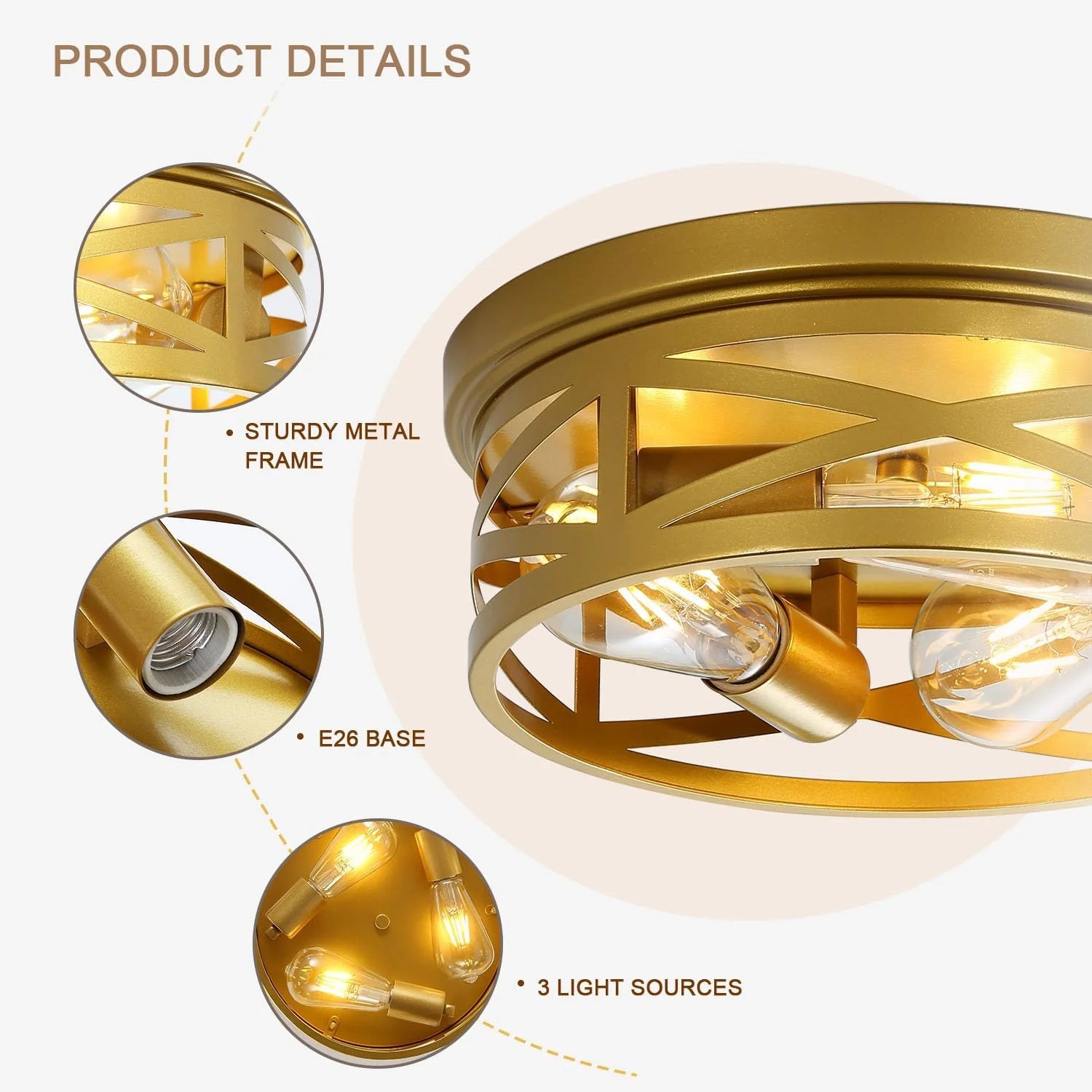 Gold Flush Mount Ceiling Light Fixture, 3-Lights Hallway Ceiling Lighting, Farmhouse Ceiling Mount Lights for Kitchen Entryway Bathroom - 2 Pack